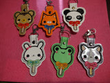 ITH Digital Embroidery Patterns for Bundle Set of 6 Popsicle Animal Snap Tab s/ Key Chains., 4X4 Hoop
