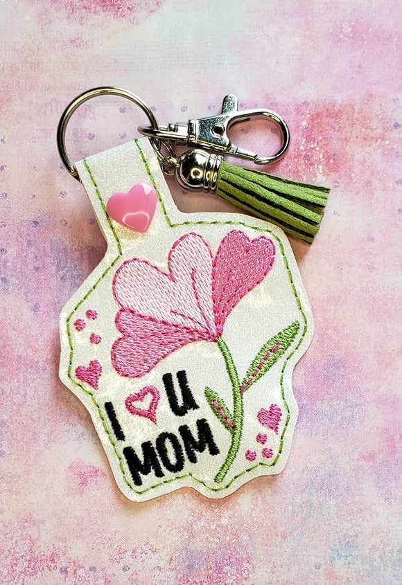 ITH Digital Embroidery Pattern for I Love You Mom Flower Snap Tab / Key Chain, 4X4 Hoop