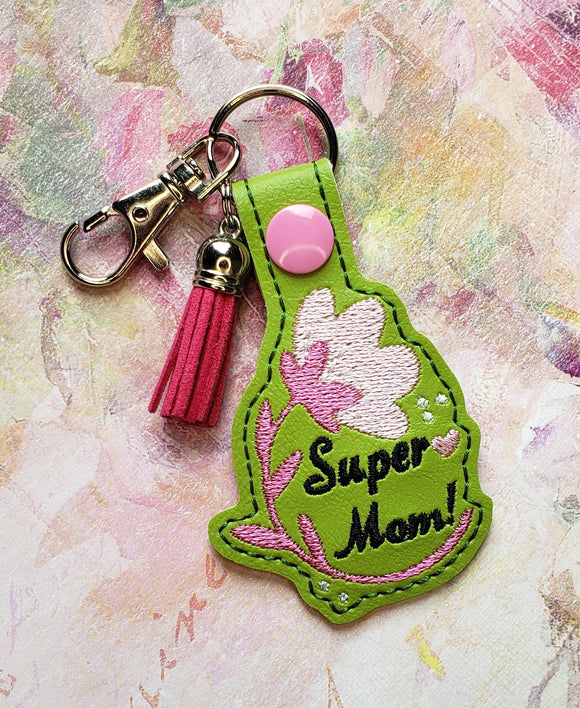 ITH Digital Embroidery Pattern for Super Mom Flower Snap Tab/ Key Chain, 4X4 Hoop