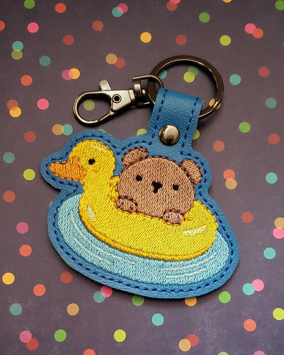 ITH Digital Embroidery Pattern for Bear in Pool Float Snap Tab / Key Chain, 4X4 Hoop