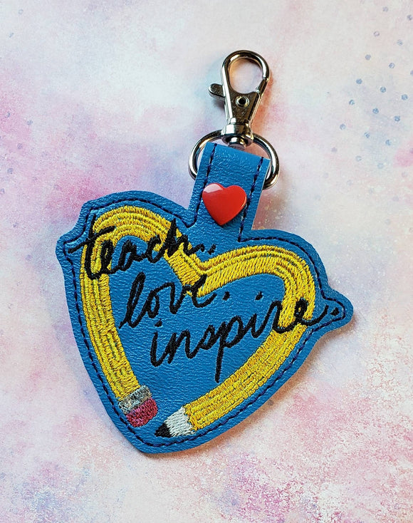 ITH Digital Embroidery Pattern for Teach, Love, Inspire. Heart Snap Tab / Key Chain, 4X4 Hoop