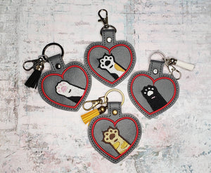 ITH Digital Embroidery Pattern for Cat Paw in Hearts Bundle Set of 4 Snap Tabs/ Key Chains, 4X4 Hoop