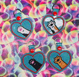 ITH Digital Embroidery Pattern for Cat Paw in Hearts Bundle Set of 4 Snap Tabs/ Key Chains, 4X4 Hoop