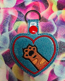 ITH Digital Embroidery Pattern for Tabby Cat Paw in Heart Snap Tab / Key Chain, 4X4 Hoop