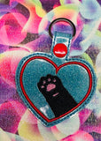 ITH Digital Embroidery Pattern for Black Cat Paw in Heart Snap Tab / Key Chain, 4X4 Hoop