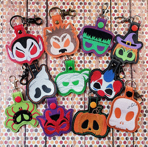 ITH Digital Embroidery Pattern for Bundle Pack of 11 Halloween Mask Snap Tab / Key Chains, 4X4 Hoop