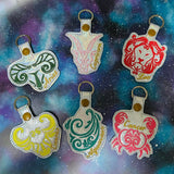 ITH Digital Embroidery Patterns for Bundle Set of 12 Zodiac Sign Snap Tab / Key Chains, 4X4 Hoop