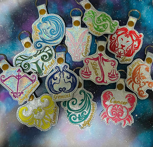 ITH Digital Embroidery Patterns for Bundle Set of 12 Zodiac Sign Snap Tab / Key Chains, 4X4 Hoop