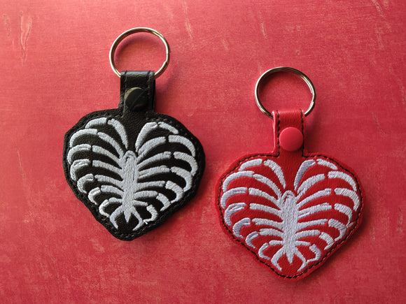 ITH Digital Embroidery Pattern for Skeleton Heart Snap Tab / Key Chain, 4X4 Hoop