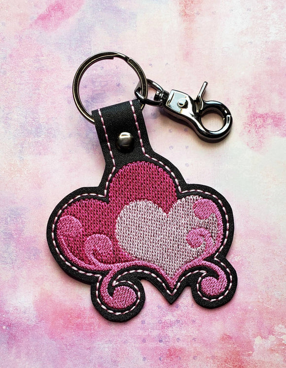 ITH Digital Embroidery Pattern for Swirly Heart 3 Snap Tab / Key Chain, 4X4 Hoop