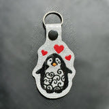 ITH Digital Embroidery Pattern For Swirl Penguin Love Snap Tab / Key Chain, 4X4 Hoop