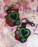 ITH Digital Embroidery Pattern for 3 Rose Heart Vine Snap Tab / Key Chain, 4X4 Hoop