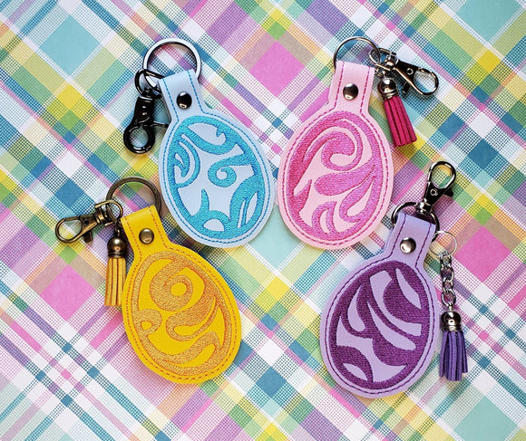 ITH Digital Embroidery Pattern for Swirl Psych Eggs Bundle of 4 Snap Tabs / Key Chains, 4X4 Hoop