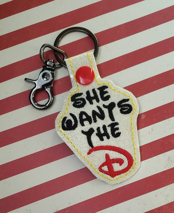 ITH Digital Embroidery Pattern for She Wants The D  isney Snap Tab / Keychain 4X4 Hoop