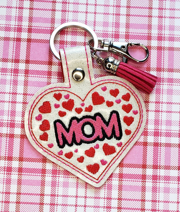 ITH Digital Embroidery Pattern for Hearts in Heart MOM Snap Tab / Keychain, 4X4 Hoop