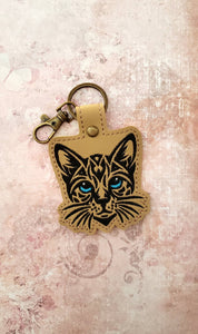 ITH Digital Embroidery Pattern for Tribal Cat 2 Snap Tab / Key chain, 4X4 Hoop