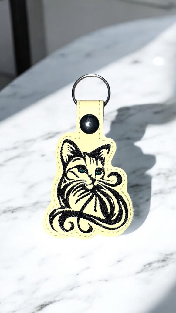 ITH Digital Embroidery Pattern for Fancy Cat Snap Tab / Keychain, 4X4 Hoop