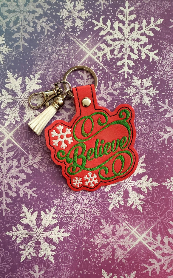 ITH Digital Embroidery Pattern for Believe with Snowflake Snap Tab / Keychain, 4X4 Hoop