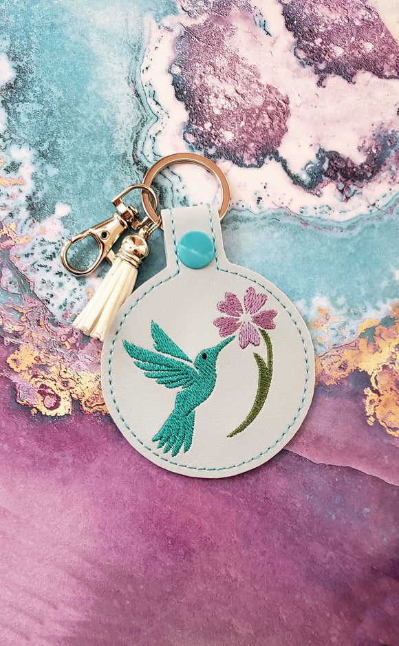 ITH Digital Embroidery Pattern for Hummingbird with Flower Snap Tab / Keychain, 4X4 Hoop