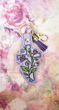 ITH Digital Embroidery Pattern for Floral Cross 2 Snap Tab / Keychain, 4X4 Hoop.