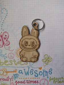 Fluffy Monster Labu Sitting Laser Engraved Keychain / Wood.
