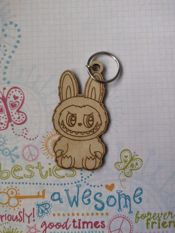 Fluffy Monster Labu Sitting Laser Engraved Keychain / Wood.