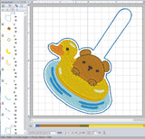 ITH Digital Embroidery Pattern for Bear in Pool Float Snap Tab / Key Chain, 4X4 Hoop