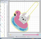 ITH Digital Embroidery Pattern for Bunny in Pool Float Snap Tab/ Key Chain, 4X4 Hoop
