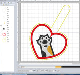 ITH Digital Embroidery Pattern for Calico Cat Paw in Heart Snap Tab / Key Chain, 4X4 Hoop