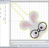 ITH Digital Embroidery Pattern for Cute Bunny Face with Glasses Snap Tab / Keychain, 4X4 Hoop