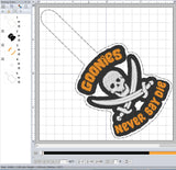 ITH Digital Embroidery Pattern for Goonies Never Say Die 2 Snap Tab / Keychain, 4X4 Hoop