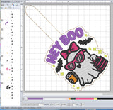 Hey Boo lil Ghosty ITH Digital Embroidery Pattern Snap Tab / Keychain, 4X4 Hoop