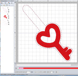 ITH Digital Embroidery Pattern for Heart Key Snap Tab/Key =chain, 4X4 Hoop