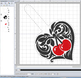 ITH Digital Embroidery Pattern for Heart With Cherries Snap Tab / Keychain, 4X4 Hoop