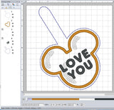 ITH Digital Embroidery Pattern for Mick Valentine Cookie Love You Snap Tab / Key Chain, 4X4 Hoop