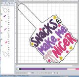 ITH Digital Embroidery Pattern for Snacks Make Me Nicer Snap Tab / Keychain, 4X4 Hoop