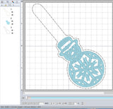 ITH Digital Embroidery Pattern for Snowman Snowflake Snap Tab / Keychain, 4X4 Hoop