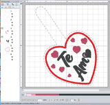ITH Digital Embroidery Pattern for Te Amo Heart Snap Tab / Keychain, 4X4 Hoop