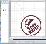 ITH Digital Embroidery Pattern for Toby Keith Snap Tab / Keychain, 4X4 Hoop