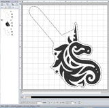 ITH Digital Embroidery Pattern for Tribal Unicorn Snap Tab / Keychain, 4x4 Hoop