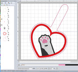 ITH Embroidery Digital Pattern for Tuxedo Cat Paw in Heart Snap Tab / Key Chain. 4X4 Hoop