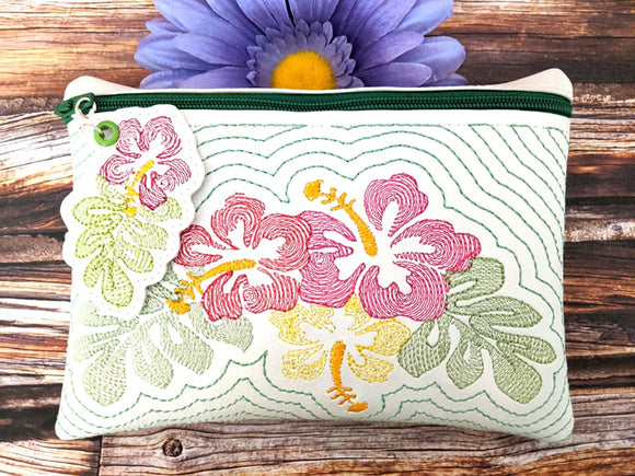 ITH Digital Embroidery Pattern for Hibiscus Echo 5X7 Zipper Pouch Unlined with Zipper Pull, 5X7 Hoop