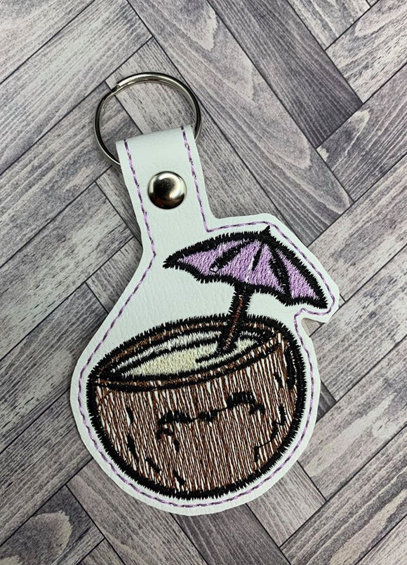ITH Digital Embroidery Pattern for Coconut Umbrella  Drink Snap Tab / Key Chain, 4X4 Hoop