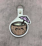 ITH Digital Embroidery Pattern for Coconut Umbrella  Drink Snap Tab / Key Chain, 4X4 Hoop