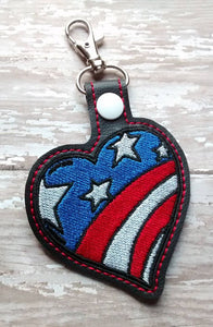 ITH Digital Embroidery Pattern for Heart Stars & Stripes Snap Tab / Key CHain, 4X4 Hoop
