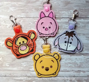 ITH Digital Embroidery Pattern for T-sum Set of 4 Yellow Bear and Friends Snap Tabs / Key Chains, 4X4 Hoop