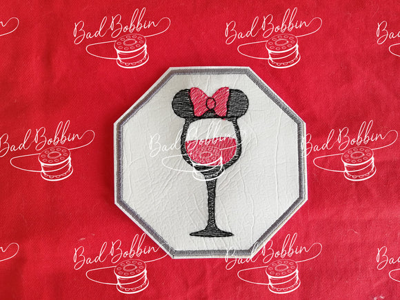 ITH Digital Embroidery Pattern for Minnie Wine Coaster Design, 4X4 Hoop