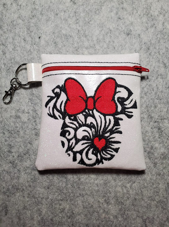 ITH Digital Embroidery Pattern for Floral Ms Mouse Cash/ Card Tall Zipper Pouch, 5X7 Hoop