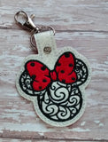 ITH Digital Embroidery Pattern for Ms Mouse Filigree Snap Tab / Keychain, 4X4 Hoop