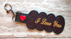 ITH Digital Embroidery Pattern for I Love You 3000 Snap Tab / Keychain, 4X4 Hoop